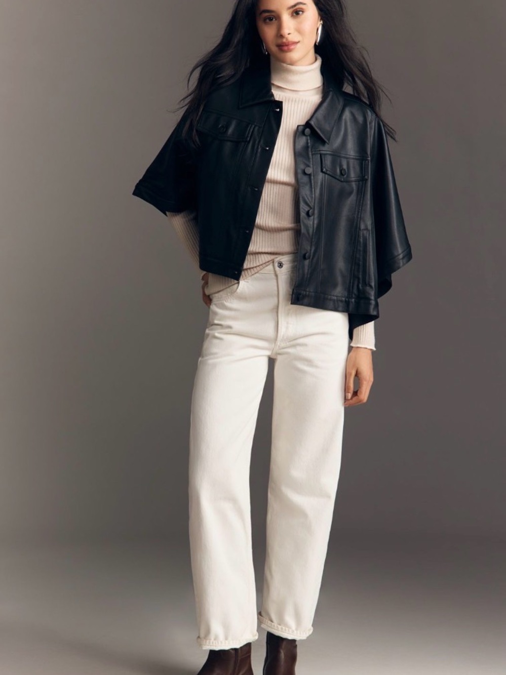 Weston Cropped Black Faux Leather Cape Jacket - Women New with Tag